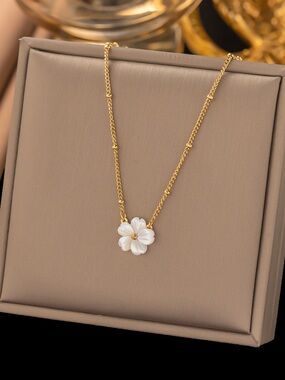 Gold Chain Necklace with White Flower Pendant